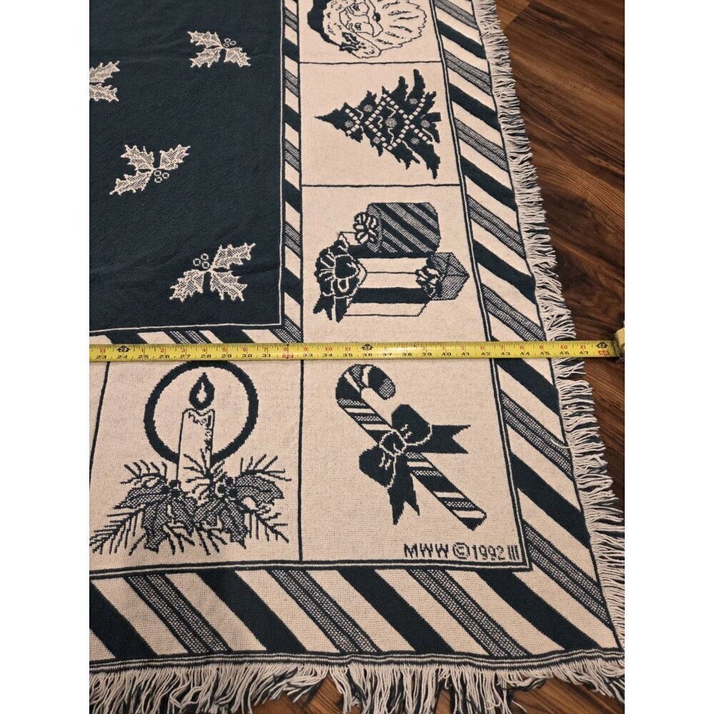 Vtg Christmas Woven Tapestry Throw Blanket With Fringes Reversible 47x71 - Picture 8 of 10